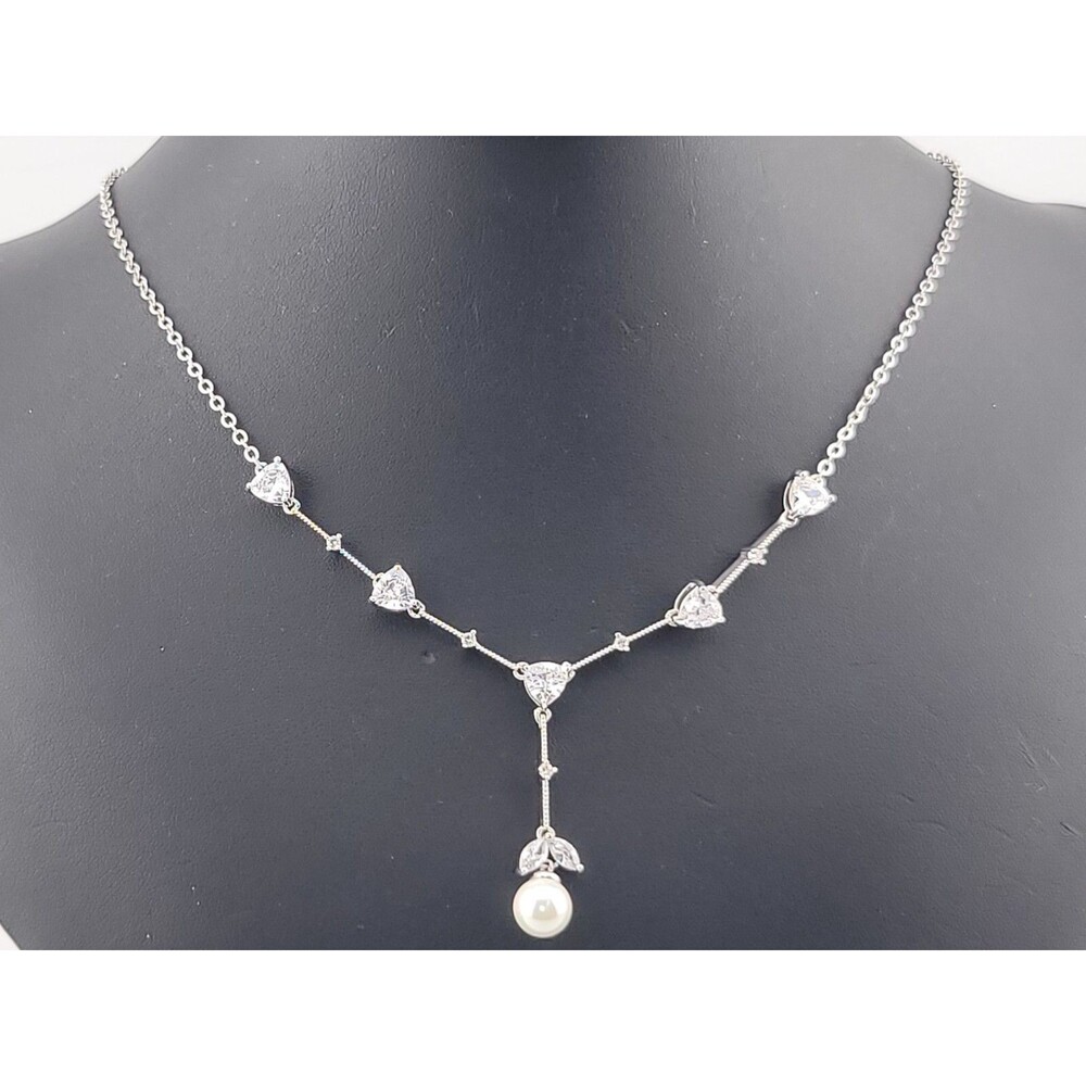 Elegant Signed Mariell Crystal Faux Pearl Rhodium Finish Y-Drop Choker Necklace